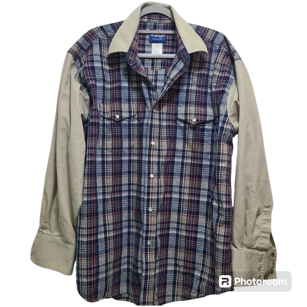 Vintage USA Wrangler Plaid Brushpopper Western Rodeo Cowboy‎ Shirt Pearl Snap XL